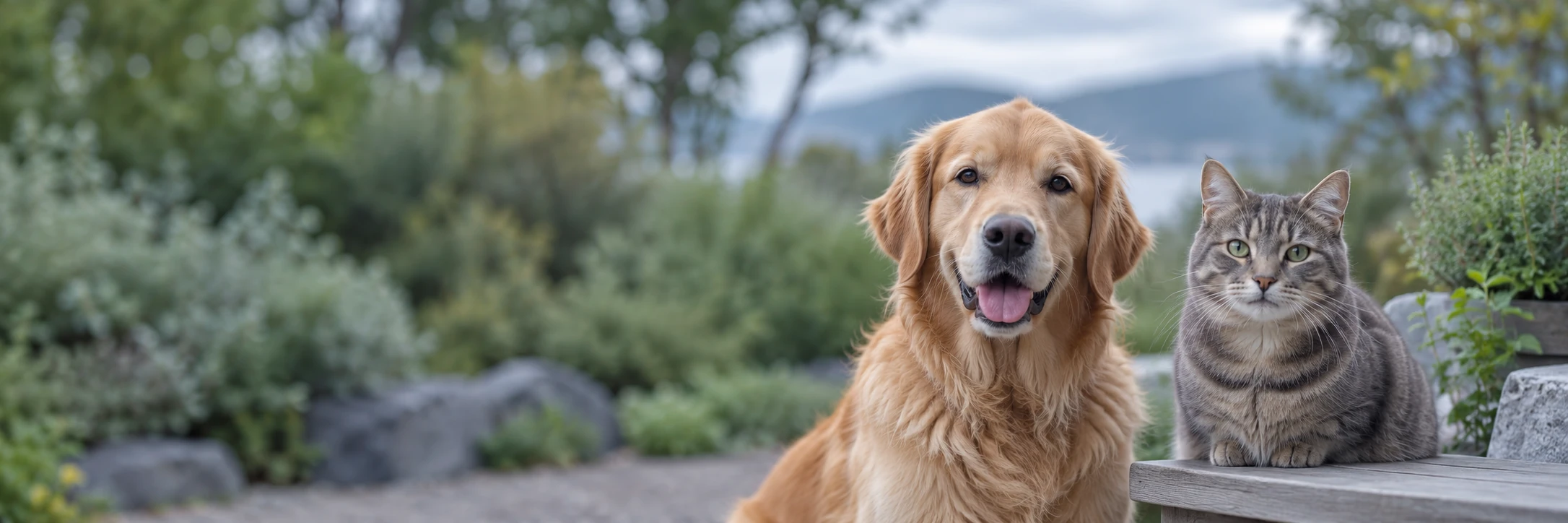 En golden retriever och en katt i en grönskande trädgård